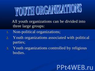 YOUTH ORGANIZATIONS All youth organizations can be divided into three large grou
