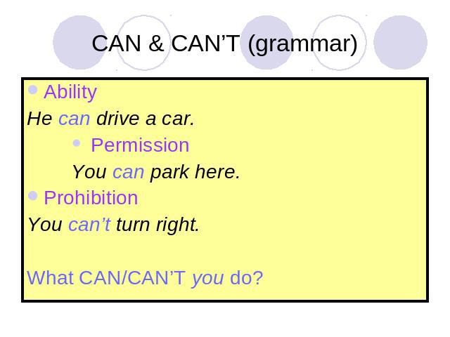 CAN & CAN’T (grammar) AbilityHe can drive a car. Permission You can park here.ProhibitionYou can’t turn right.What CAN/CAN’T you do?