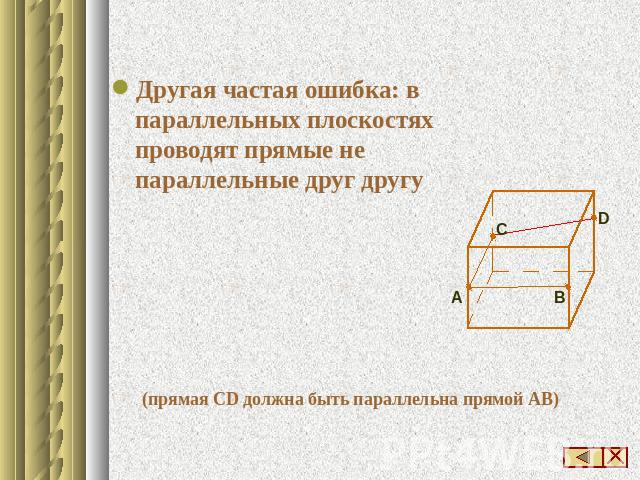 Другая частая ошибка: в параллельных плоскостях проводят прямые не параллельные друг другу (прямая СD должна быть параллельна прямой АВ)