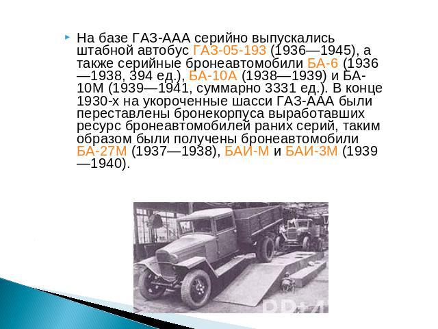 На базе ГАЗ-ААА серийно выпускались штабной автобус ГАЗ-05-193 (1936—1945), а также серийные бронеавтомобили БА-6 (1936—1938, 394 ед.), БА-10А (1938—1939) и БА-10М (1939—1941, суммарно 3331 ед.). В конце 1930-х на укороченные шасси ГАЗ-ААА были пере…
