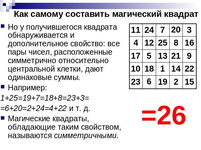 Как самому составить магический квадрат Но у получившегося квадрата обнаруживается и дополнительное свойство: все пары чисел, расположенные симметрично относительно центральной клетки, дают одинаковые суммы. Например:1+25=19+7=18+8=23+3==6+20=2+24=4…