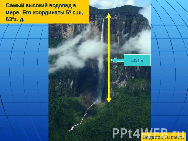 Самый высокий водопад в мире. Его координаты 5º с.ш, 63ºз. д. Водопад Анхель