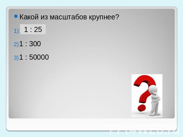 Какой из масштабов крупнее?1 : 251 : 3001 : 50000