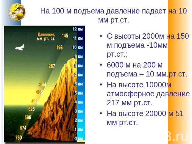 На 100 м подъема давление падает на 10 мм рт.ст. С высоты 2000м на 150 м подъема -10мм рт.ст.;6000 м на 200 м подъема – 10 мм.рт.ст.На высоте 10000м атмосферное давление 217 мм рт.ст.На высоте 20000 м 51 мм рт.ст.