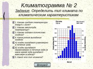 Климатограмма № 2Задание. Определить тип климата по климатическим характеристика