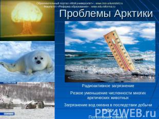 Проблемы Арктики Радиоактивное загрязнениеРезкое уменьшение численности многих а