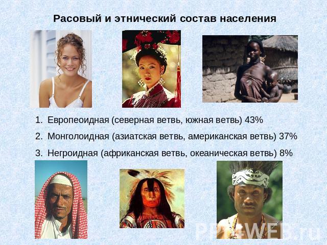 Расовый и этнический состав населения Европеоидная (северная ветвь, южная ветвь) 43%Монголоидная (азиатская ветвь, американская ветвь) 37%Негроидная (африканская ветвь, океаническая ветвь) 8%