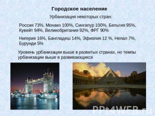 Городское население Урбанизация некоторых стран:Россия 73%, Монако 100%, Сингапу