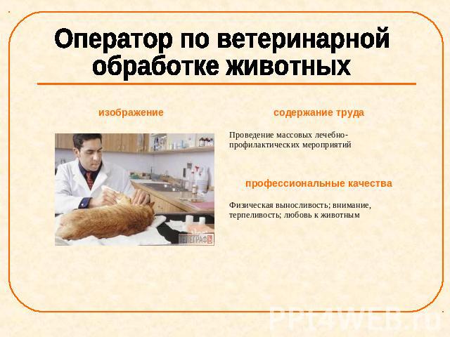 Оператор по ветеринарнойобработке животных