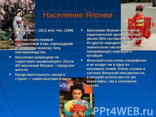 Население Японии Население— 125,2 млн. чел. (1995 г.).Япония стала первым госуда