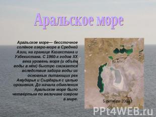 Аральское море Аральское море— бессточное солёное озеро-море в Средней Азии, на