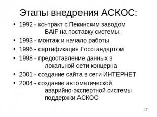 Этапы внедрения АСКОС: 1992 - контракт с Пекинским заводом BAIF на поставку сист