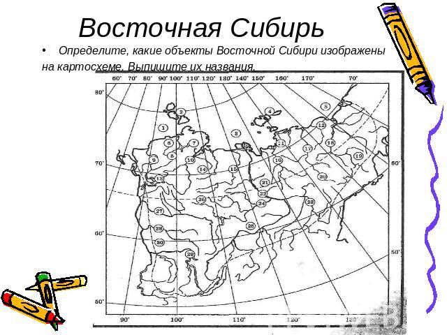Восточная Сибирь Определите, какие объекты Восточной Сибири изображены на картосхеме. Выпишите их названия.