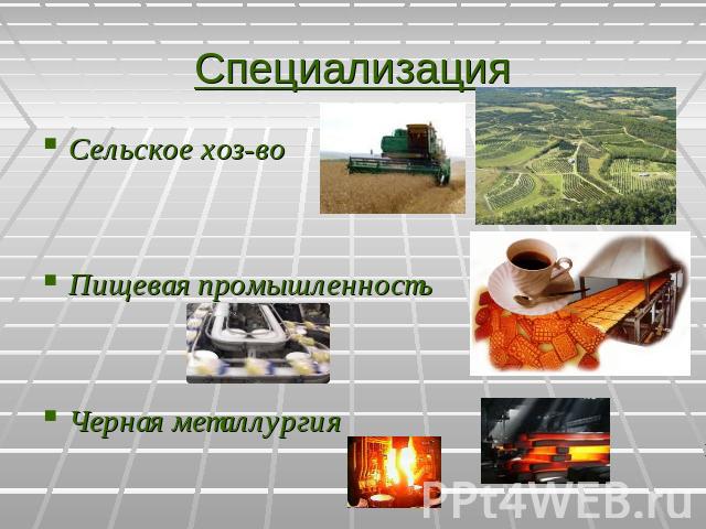 Специализация Сельское хоз-воПищевая промышленностьЧерная металлургия