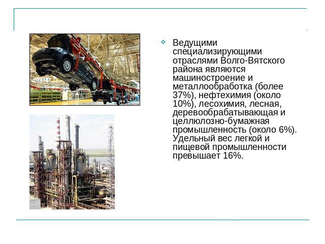 Ведущими специализирующими отраслями Волго-Вятского района являются машиностроение и металлообработка (более 37%), нефтехимия (около 10%), лесохимия, лесная, деревообрабатывающая и целлюлозно-бумажная промышленность (около 6%). Удельный вес легкой и…