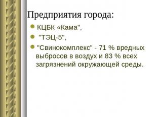 Предприятия города: КЦБК «Кама", "ТЭЦ-5", "Свинокомплекс" - 71 % вредных выбросо
