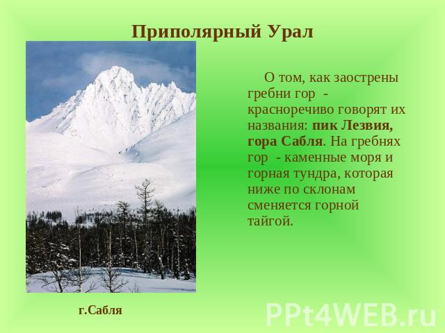 Приполярный Урал О том, как заострены гребни гор - красноречиво говорят их названия: пик Лезвия, гора Сабля. На гребнях гор - каменные моря и горная тундра, которая ниже по склонам сменяется горной тайгой.