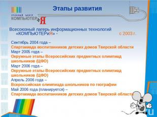 Этапы развитияВсесоюзный лагерь информационных технологий «КОМПЬЮТЕРиЯ» - с 2003