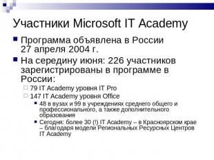 Участники Microsoft IT Academy Программа объявлена в России 27 апреля 2004 г.На