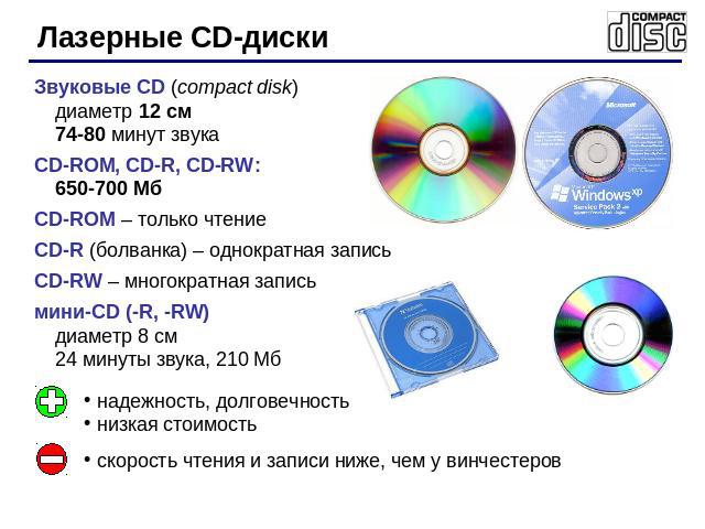 Лазерные CD-диски Звуковые CD (compact disk)диаметр 12 см74-80 минут звукаCD-ROM, CD-R, CD-RW: 650-700 МбCD-ROM – только чтение CD-R (болванка) – однократная запись CD-RW – многократная записьмини-CD (-R, -RW)диаметр 8 см24 минуты звука, 210 Мбнадеж…