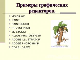 Примеры графических редакторов. MS DRAWPAINTPAINTBRUSHPHOTOFINISH3D STUDIOALDUS
