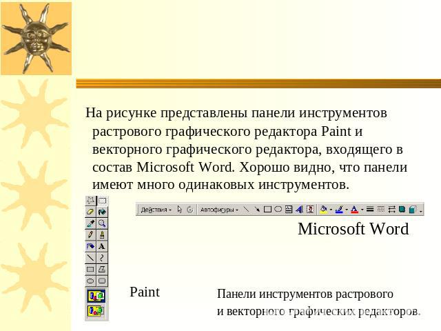 На рисунке представлены панели инструментов растрового графического редактора Paint и векторного графического редактора, входящего в состав Microsoft Word. Хорошо видно, что панели имеют много одинаковых инструментов. Microsoft WordПанели инструмент…
