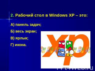 Рабочий стол в Windows XP – это:А) панель задач;Б) весь экран;В) ярлык;Г) икона.