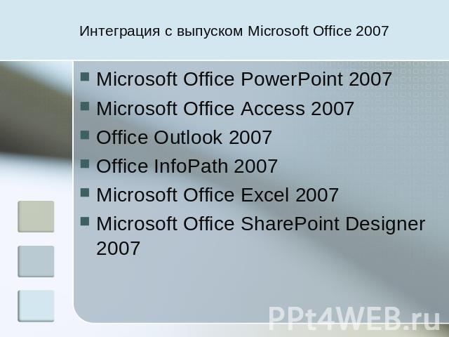 Интеграция с выпуском Microsoft Office 2007 Microsoft Office PowerPoint 2007 Microsoft Office Access 2007 Office Outlook 2007 Office InfoPath 2007 Microsoft Office Excel 2007 Microsoft Office SharePoint Designer 2007