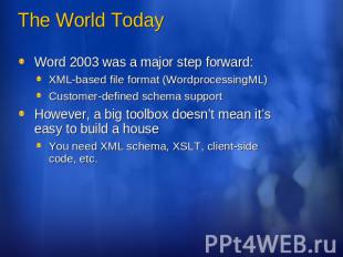 The World Today Word 2003 was a major step forward:XML-based file format (Wordpr
