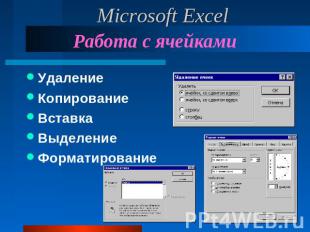 Microsoft Excel Работа с ячейками УдалениеКопирование ВставкаВыделениеФорматиров