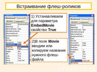 Встраивание флеш-роликов 1) Устанавливаем для параметра EmbedMovie свойство True