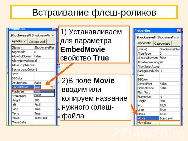 Встраивание флеш-роликов 1) Устанавливаем для параметра EmbedMovie свойство True2)В поле Movie вводим или копируем название нужного флеш-файла