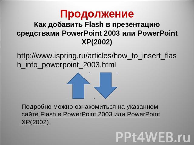ПродолжениеКак добавить Flash в презентацию средствами PowerPoint 2003 или PowerPoint XP(2002) http://www.ispring.ru/articles/how_to_insert_flash_into_powerpoint_2003.htmlПодробно можно ознакомиться на указанном сайте Flash в PowerPoint 2003 или Pow…