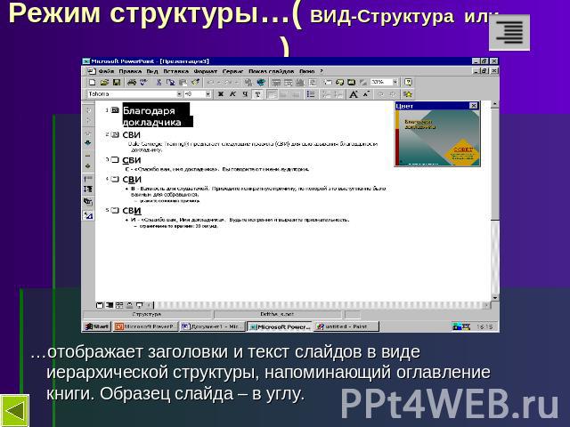 Режим структуры…( ВИД-Структура или ) …отображает заголовки и текст слайдов в виде иерархической структуры, напоминающий оглавление книги. Образец слайда – в углу.