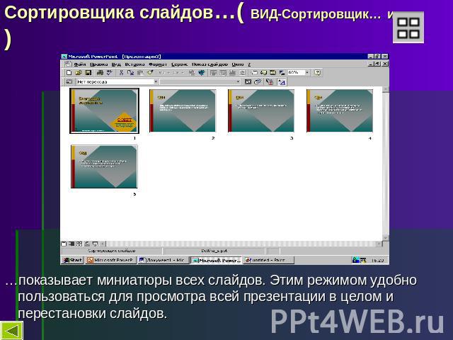 Сортировщика слайдов…( ВИД-Сортировщик… или ) …показывает миниатюры всех слайдов. Этим режимом удобно пользоваться для просмотра всей презентации в целом и перестановки слайдов.