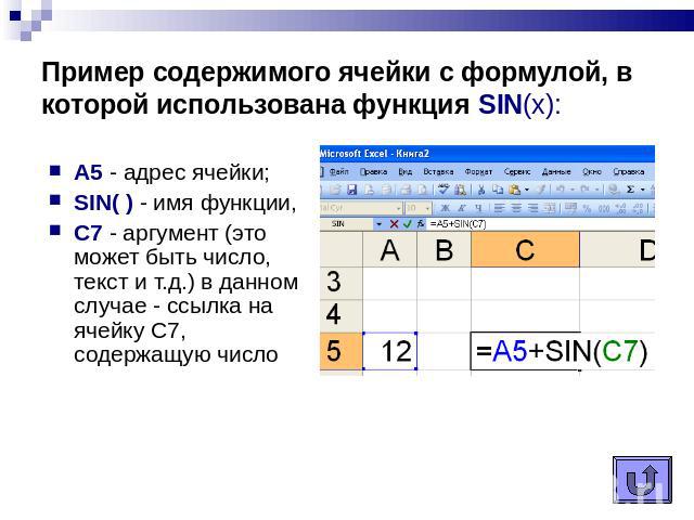 Пример содержимого ячейки с формулой, в которой использована функция SIN(x): А5 - адрес ячейки;SIN( ) - имя функции, С7 - аргумент (это может быть число, текст и т.д.) в данном случае - ссылка на ячейку С7, содержащую число