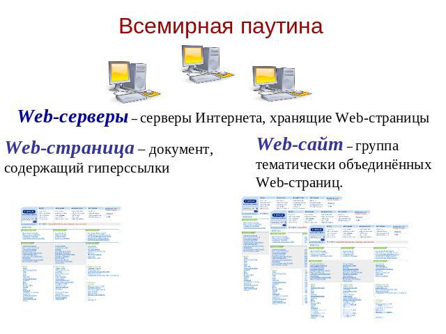Всемирная паутина Web-серверы – серверы Интернета, хранящие Web-страницыWeb-страница – документ, содержащий гиперссылкиWeb-сайт – группа тематически объединённыхWeb-страниц.