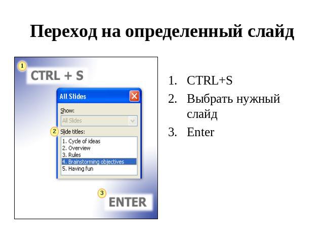 Переход на определенный слайд CTRL+S Выбрать нужный слайдEnter