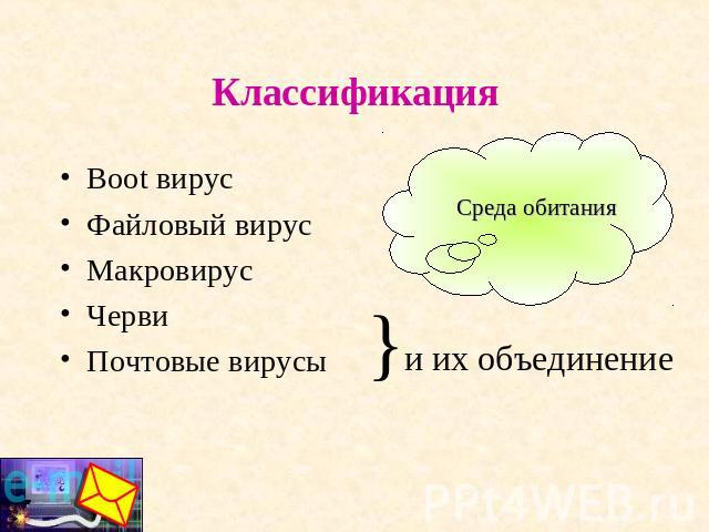 Классификация Boot вирусФайловый вирусМакровирусЧерви Почтовые вирусы