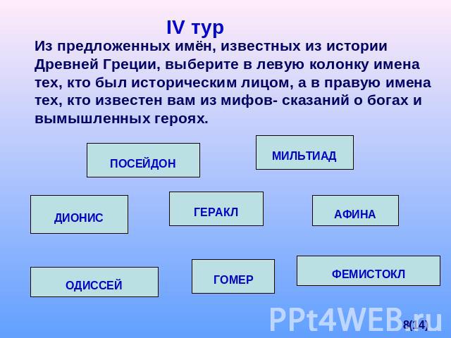 IV тур Из предложенных имён, известных из истории Древней Греции, выберите в левую колонку имена тех, кто был историческим лицом, а в правую имена тех, кто известен вам из мифов- сказаний о богах и вымышленных героях.