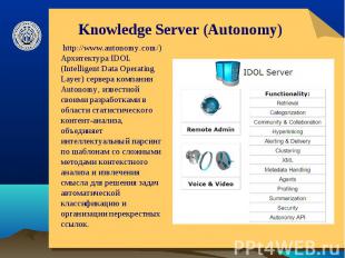 Knowledge Server (Autonomy) http://www.autonomy.com/) Архитектура IDOL (Intellig