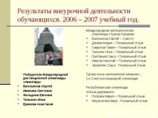 Результаты внеурочной деятельности обучающихся. 2006 – 2007 учебный год. Междуна