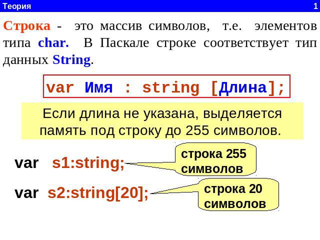 Строка - это массив символов, т.е. элементов типа char. В Паскале строке соответствует тип данных String. var Имя : string [Длина]; Если длина не указана, выделяется память под строку до 255 символов. var s1:string; var s2:string[20]; строка 255 сим…