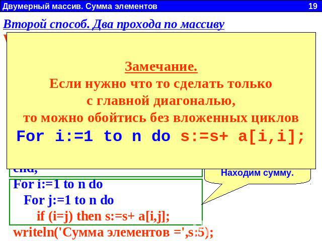 Замечание.Если нужно что то сделать только с главной диагональю, то можно обойтись без вложенных цикловFor i:=1 to n do s:=s+ a[i,i]; Второй способ. Два прохода по массивуWrite(' ВВеди N = ');Readln(n); s:=0; For i:=1 to n do begin For j:=1 to n do …