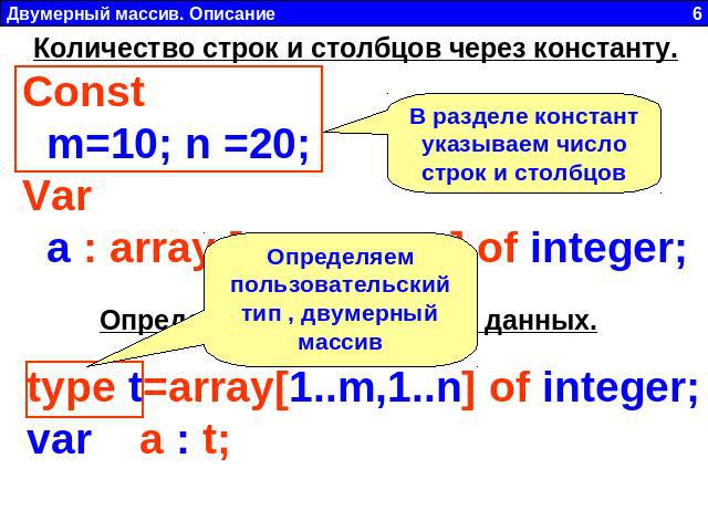 Количество строк и столбцов через константу. Const  m=10; n =20;Var  a : array [1.. m, 1.. n] of integer; В разделе констант указываем число строк и столбцов Определяем пользовательский тип , двумерный массив Определением нового типа данных. type t=…