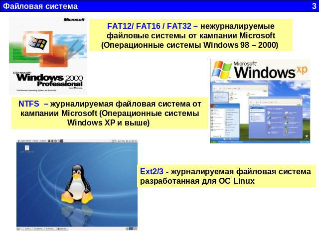 FAT12/ FAT16 / FAT32 – нежурналируемые файловые системы от кампании Microsoft (Операционные системы Windows 98 – 2000) NTFS – журналируемая файловая система от кампании Microsoft (Операционные системы Windows XP и выше) Ext2/3 - журналируемая файлов…