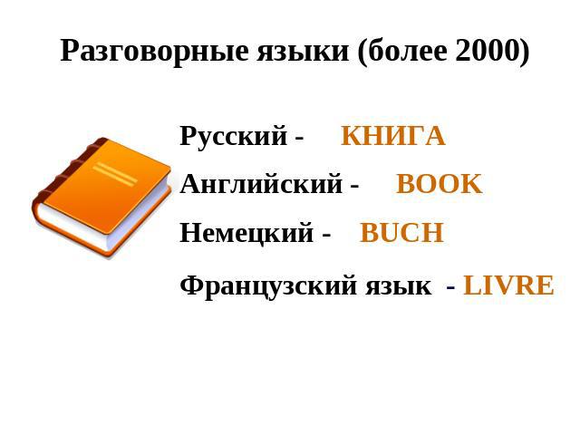 Разговорные языки (более 2000) Русский - КНИГА Английский - BOOKНемецкий - BUCH Французский язык - LIVRE