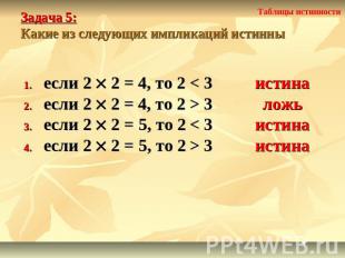 Задача 5: Какие из следующих импликаций истинны если 2 2 = 4, то 2 < 3если 2 2 =