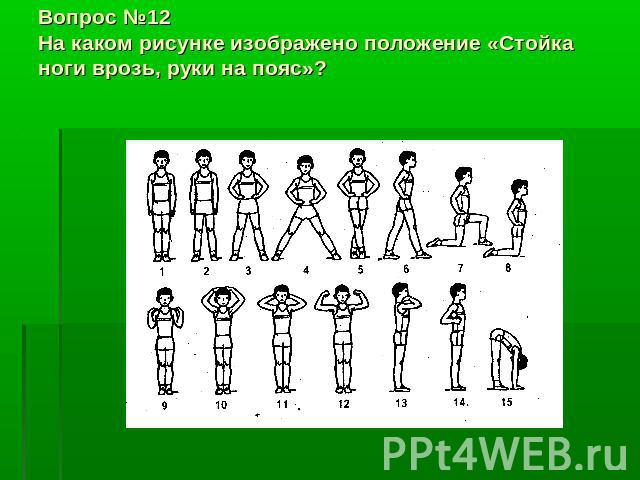 Вопрос №12На каком рисунке изображено положение «Стойка ноги врозь, руки на пояс»?