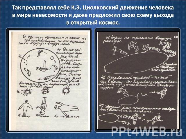 Так представлял себе К.Э. Циолковский движение человека в мире невесомости и даже предложил свою схему выхода в открытый космос.